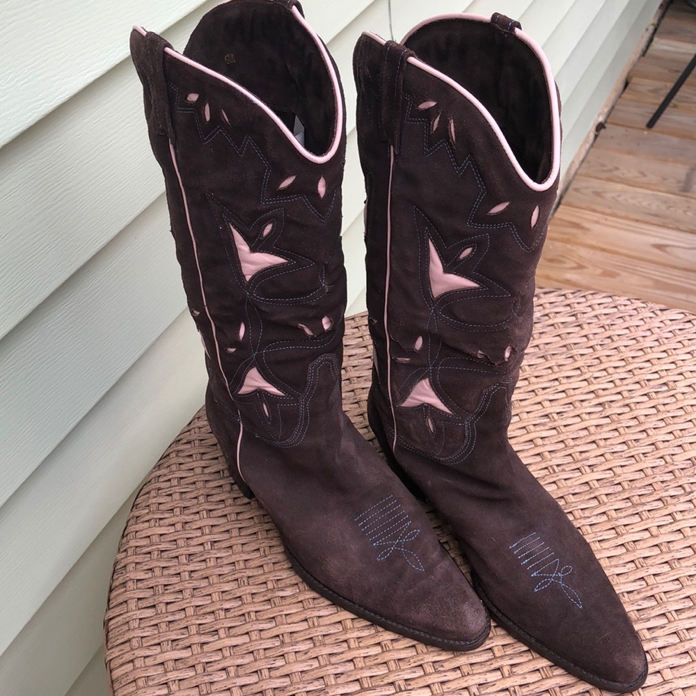 Brown and pink cowboy boots